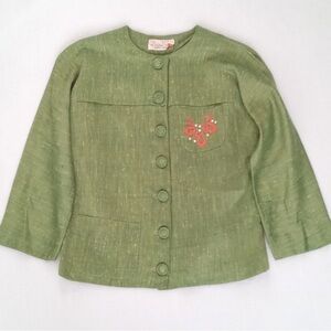 Vintage 40s Tailored Green Linen Jacket 3/4 Sleeves Covered Buttons Floral Decor